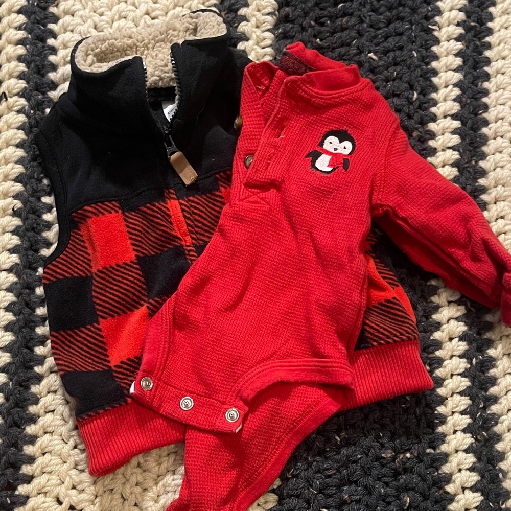 Red Penguin Knit Baby One-Piece & Buffalo Plaid Vest Set